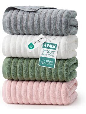 Super Soft Cotton Bath Towel Set - 4 Pack, Quick Dry, Absorbent, 31x63 inches